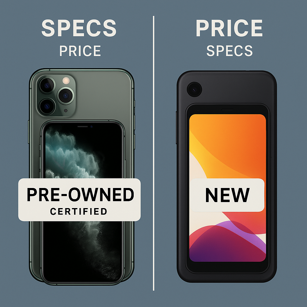 Side-by-side comparison of a pre-owned high-end smartphone and a new low-end smartphone. The left side shows a premium-looking green phone labeled "PRE-OWNED CERTIFIED" with better specs, while the right side displays a basic black phone labeled "NEW" with simpler features, emphasizing the trade-off between price and performance.